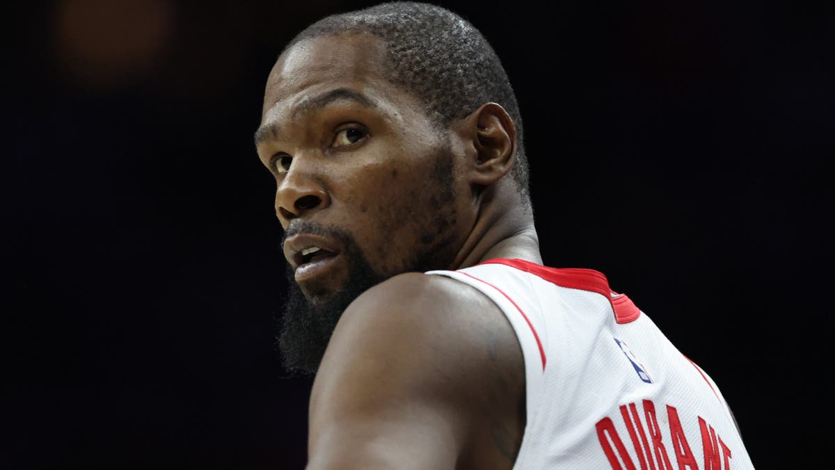 Kevin Durant looking on during overtime at Xfinity Mobile Arena in Philadelphia