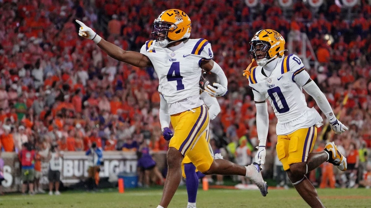 LSU Tigers CB Mansoor Delane celebrates a defensive stop against the Clemson Tigers at Memorial Stadium in South Carolina.