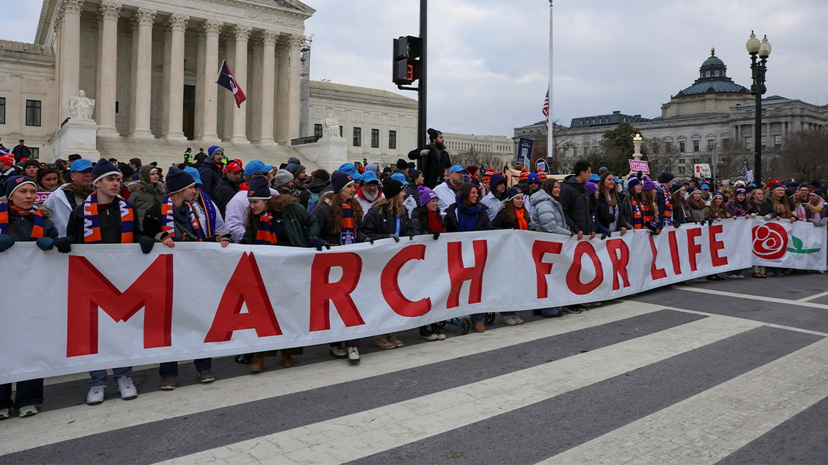 Anti-abortion demonstrators holding a banner in front of the U.S. Supreme Court building in Washington, D.C.