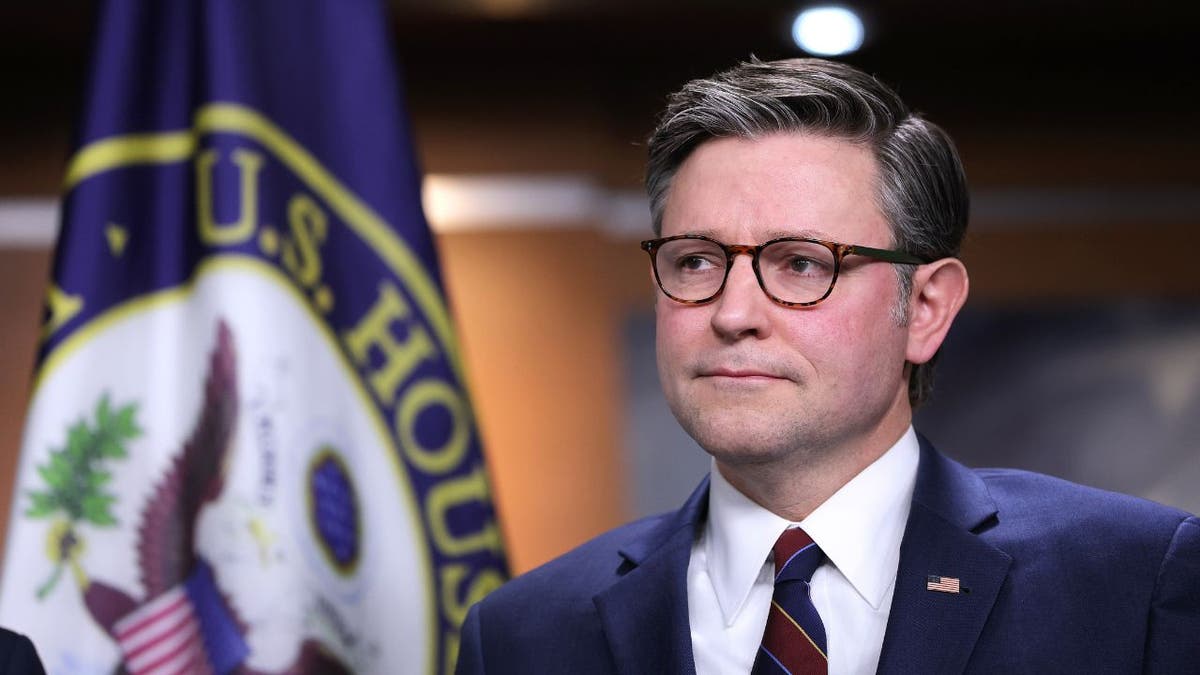 House Speaker Mike Johnson speaking at a press conference at the U.S. Capitol