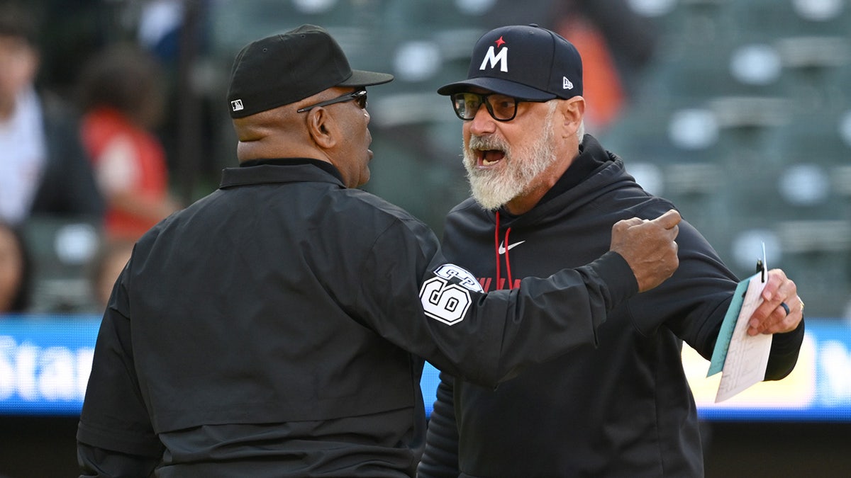 Minnesota Twins manager Derek Shelton arguing with umpire Laz Diaz on baseball field