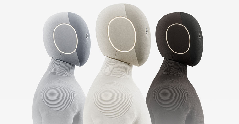 Close-up of 1X NEO humanoid robot heads in different colors showing minimalist design and integrated interface