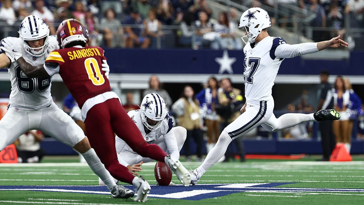 Dallas Cowboys kicker Brandon Aubrey kicking a field goal at AT&T Stadium