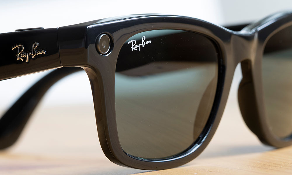 Close-up of Ray-Ban Meta Wayfarer smart glasses showing integrated camera on the frame