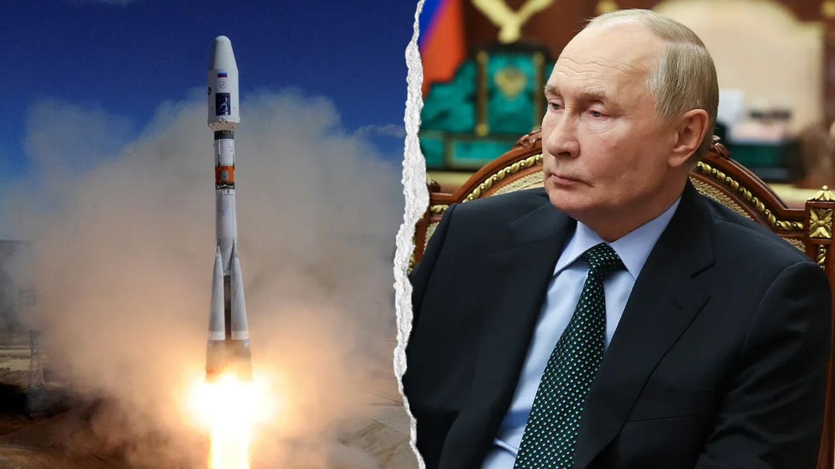 Rocket launch split image with Vladimir Putin