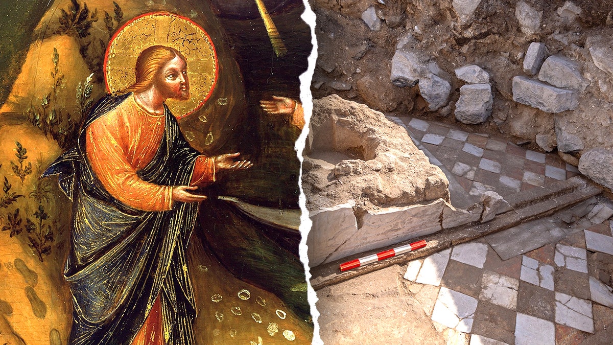 Split image of Jesus, excavation site with ancient tiled floors