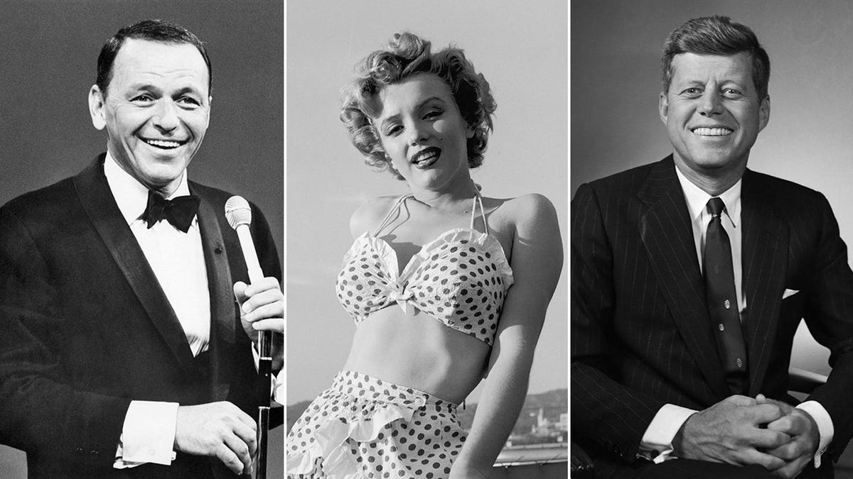 Black-and-white composite split of Frank Sinatra, Marilyn Monroe and John F. Kennedy.
