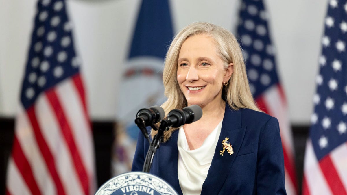 Virginia Gov. Abigail Spanberger speaking at a podium during State of the Union rebuttal