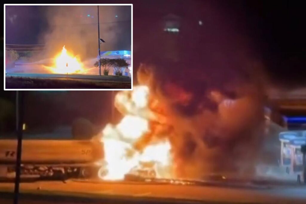 Tanker carrying 9K gallons of gas erupts in flames after hitting power lines in Texas Tanker carrying 9K gallons of gas erupts in flames after hitting power lines in Texas