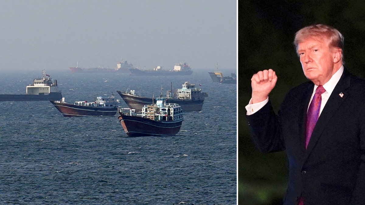 Trump pumps his fist next to a photo of the Strait of Hormuz