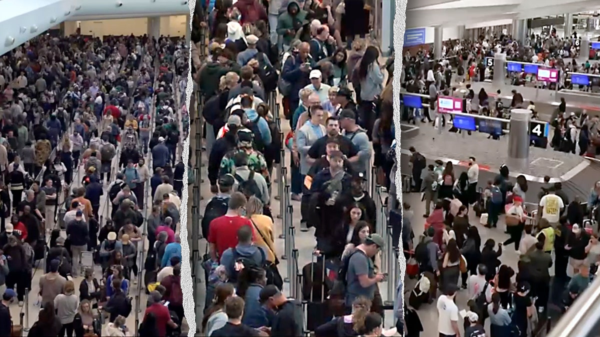 Three different scenes of long TSA lines are shown side by side.