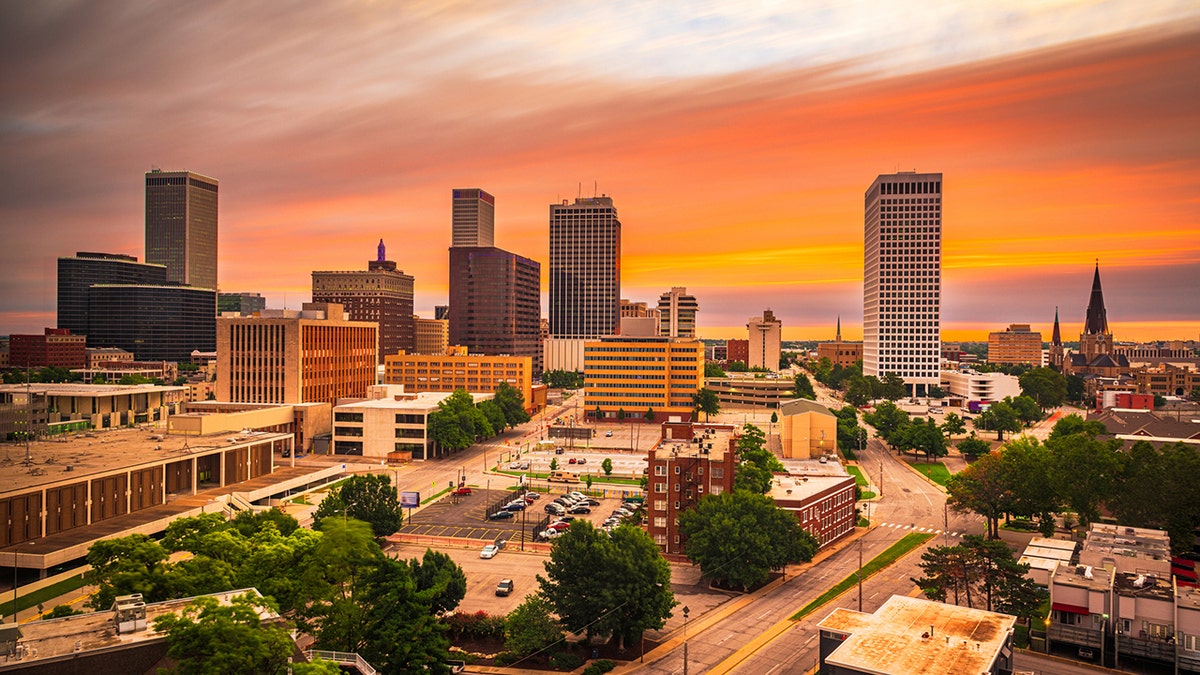 Tulsa Oklahoma downtown skyline at twilight with buildings and sky