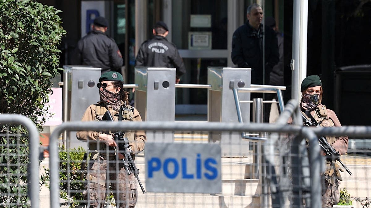 Turkish Police special forces standing guard near Israeli consulate building in Istanbul