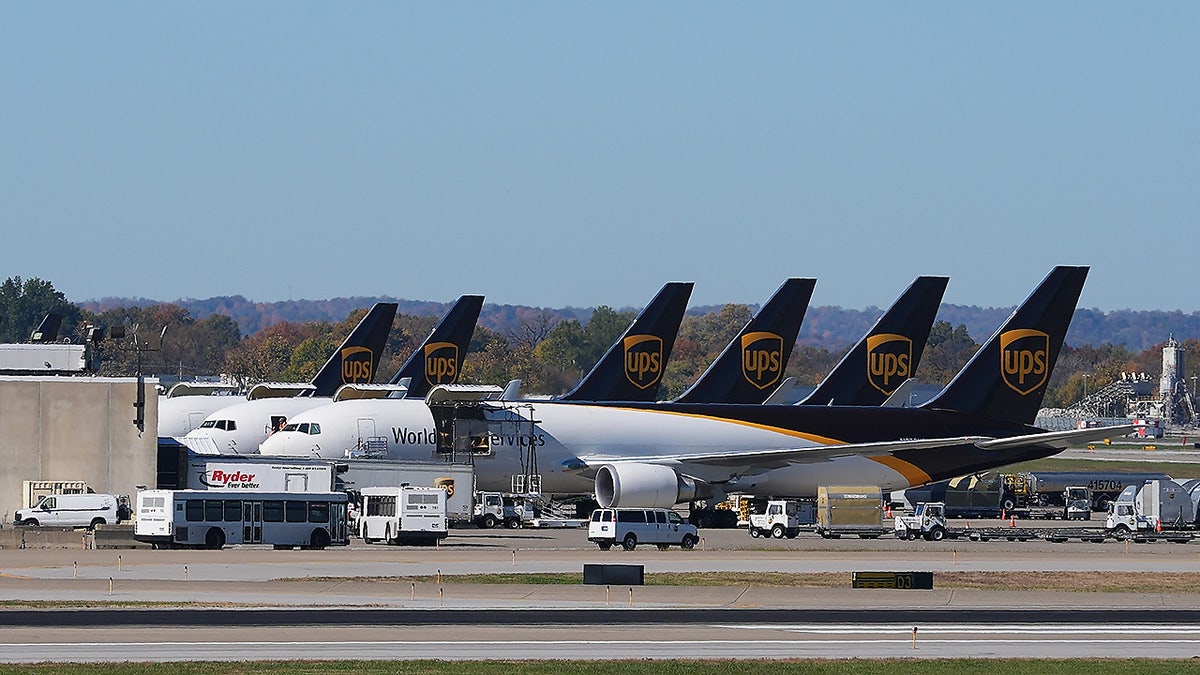 UPS jets parked at Worldport package sorting complex at Louisville Muhammad Ali International Airport