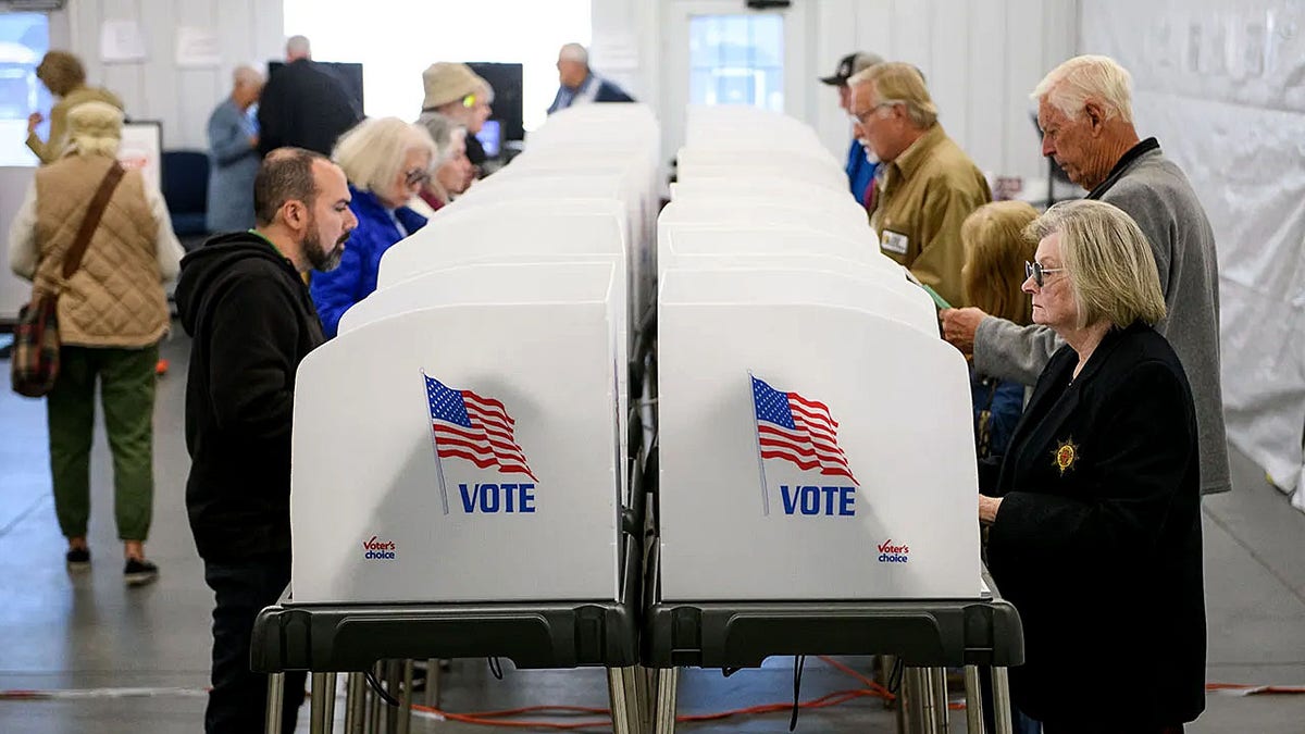 Voters casting ballots inside a North Carolina polling place at paneled booths
