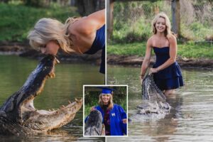 Glamorous coed takes insane graduation pics of her kissing 14-foot alligator