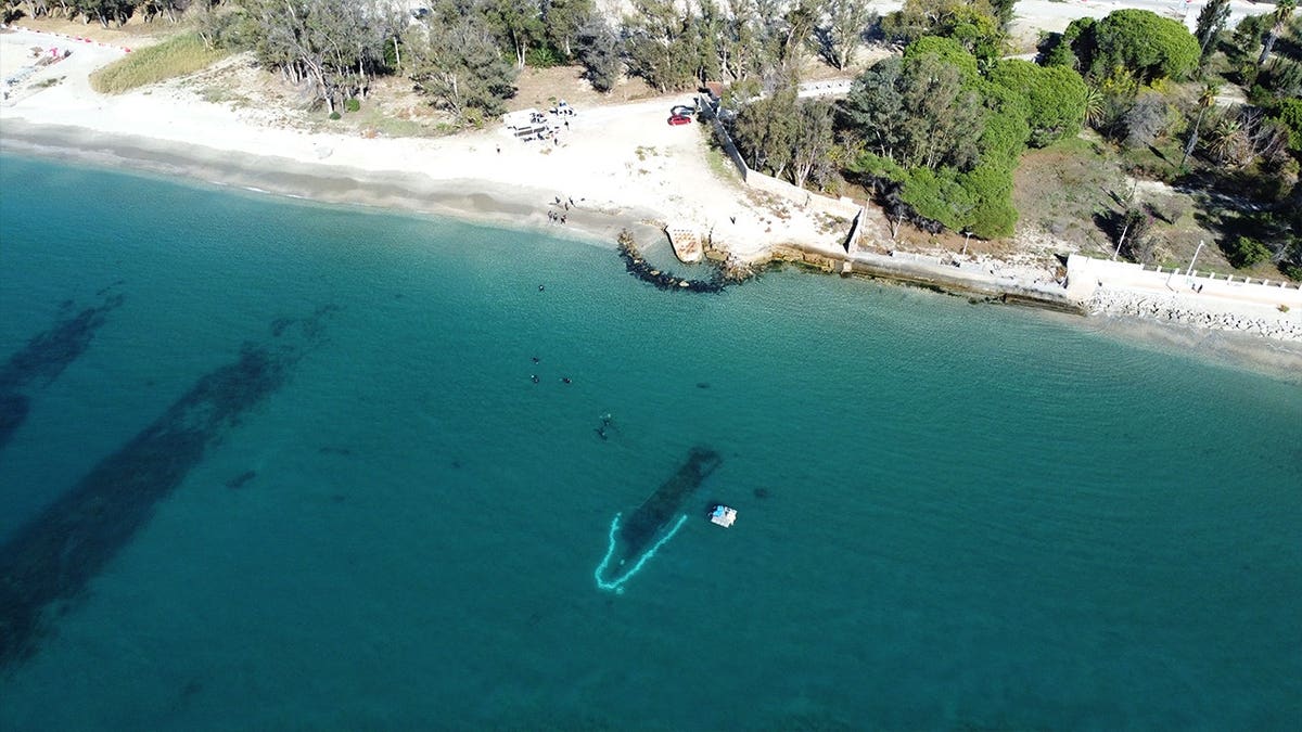 Aerial of ships near shore