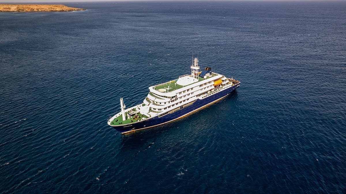 The cruise ship m/v Hondius stationary off the port of Praia in Cape Verde.