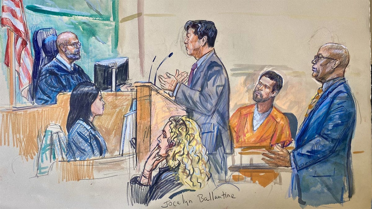 Sketch of Cole Allen standing in court before Magistrate Judge Dana Verkouteren
