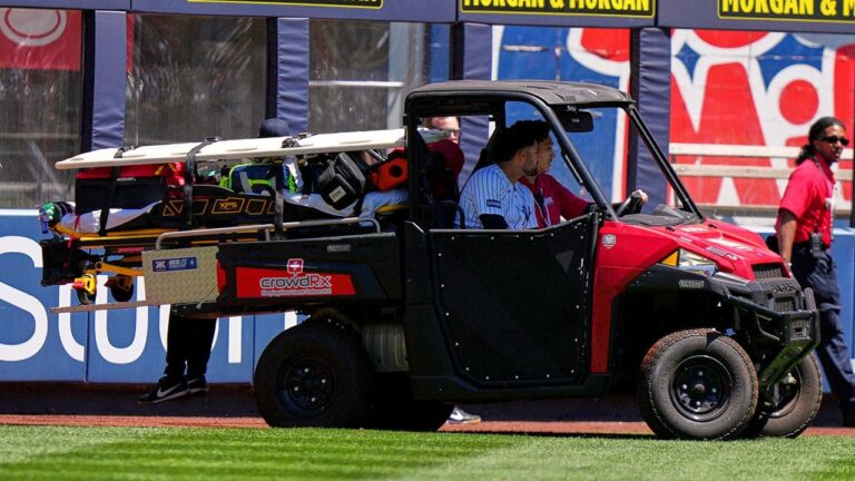 Yankees’ Jasson Dominguez carted off field in tears after crashing into outfield wall after stunning catch