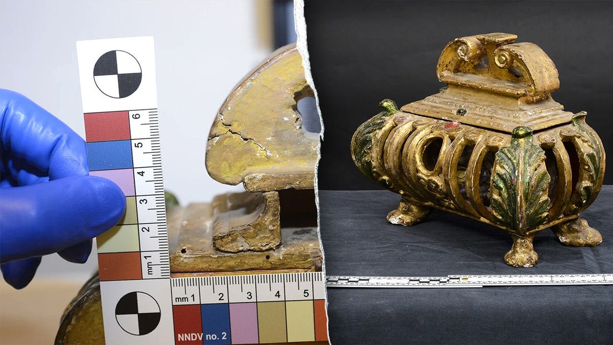 Split image of agent measuring urn, urn on display