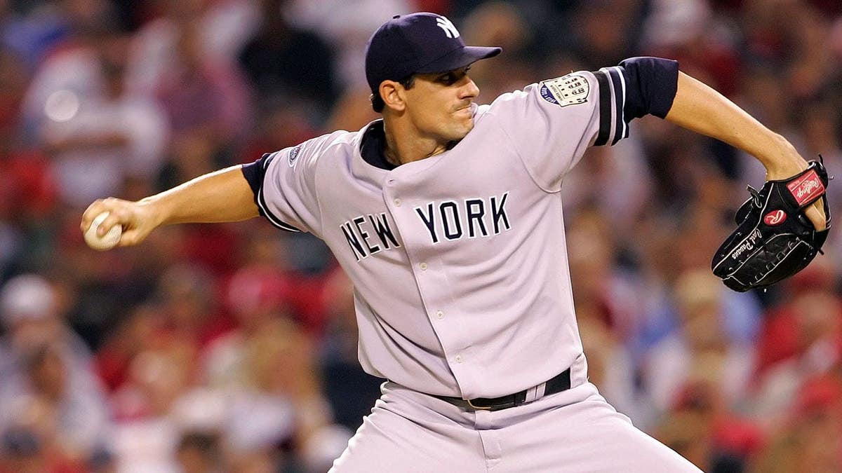 New York Yankees pitcher Carl Pavano pitching at Angel Stadium in Anaheim