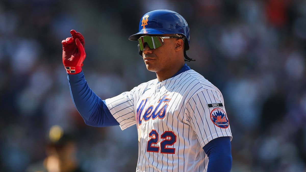 Juan Soto of the New York Mets reacts after hitting an RBI single at Citi Field