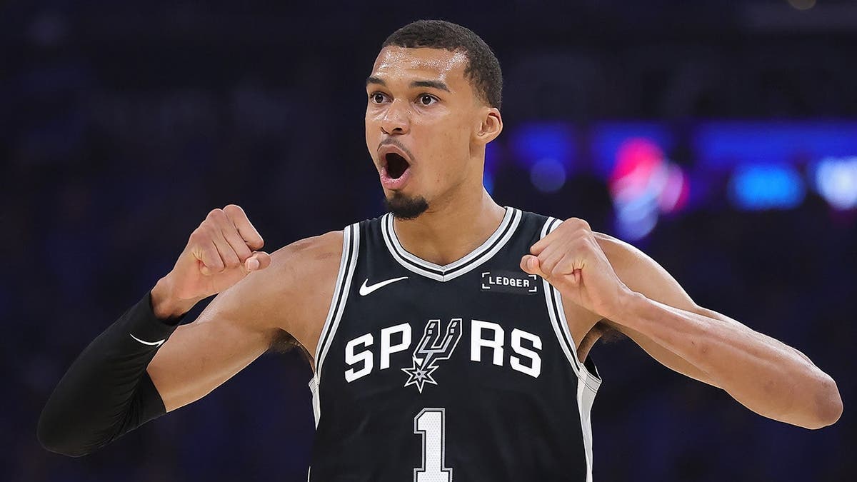 Victor Wembanyama of the San Antonio Spurs reacts during NBA Western Conference Finals game