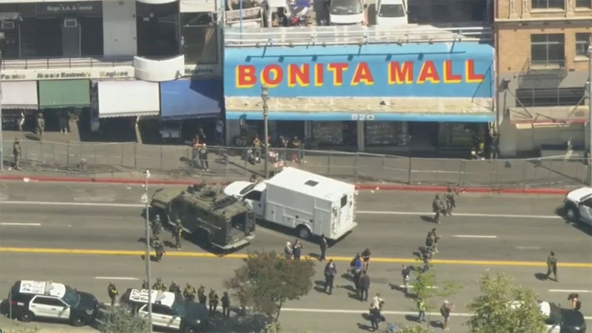 Federal agents gathering at MacArthur Park in Los Angeles during drug enforcement operation.