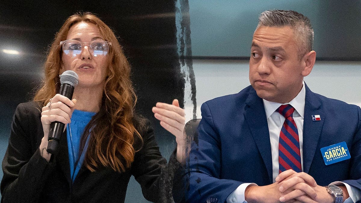 Maureen Galindo and Johnny Garcia sitting at a table with microphones during a candidate forum.