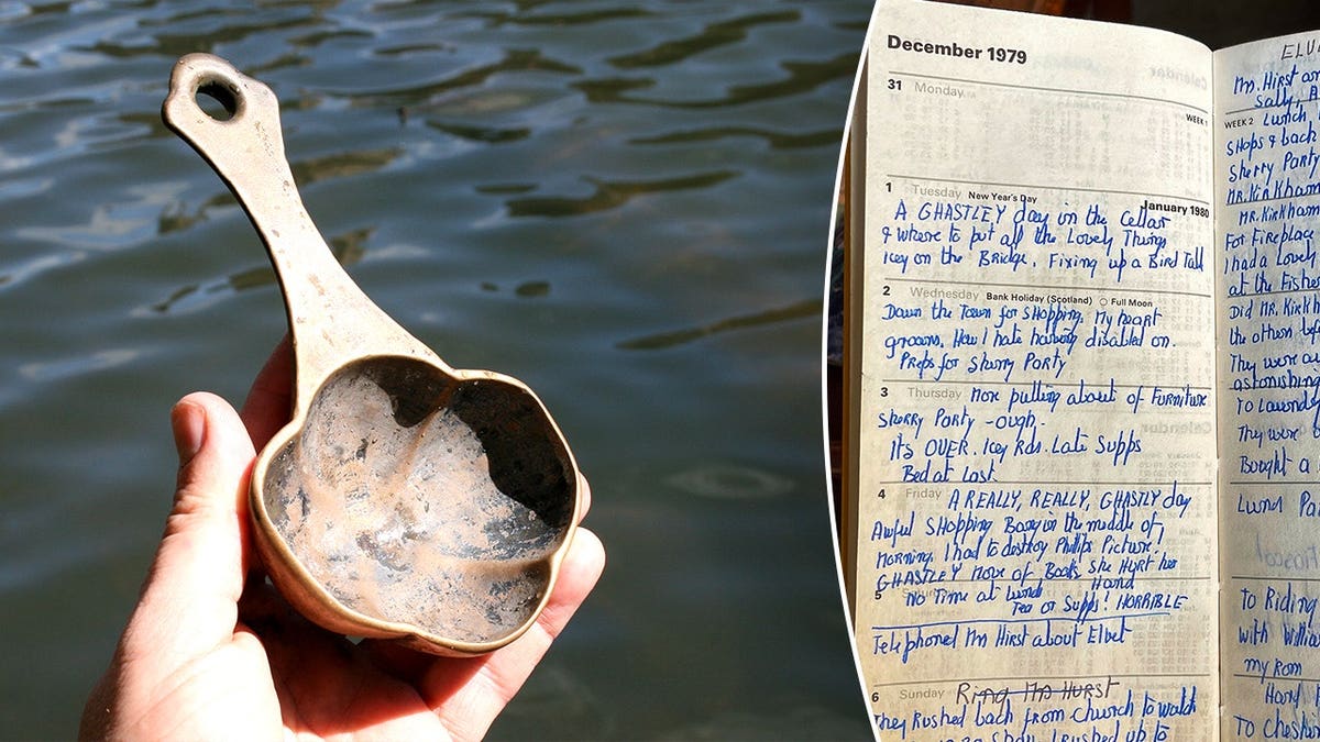 Split image of christening spoon, diary entry from Audrey Heaton