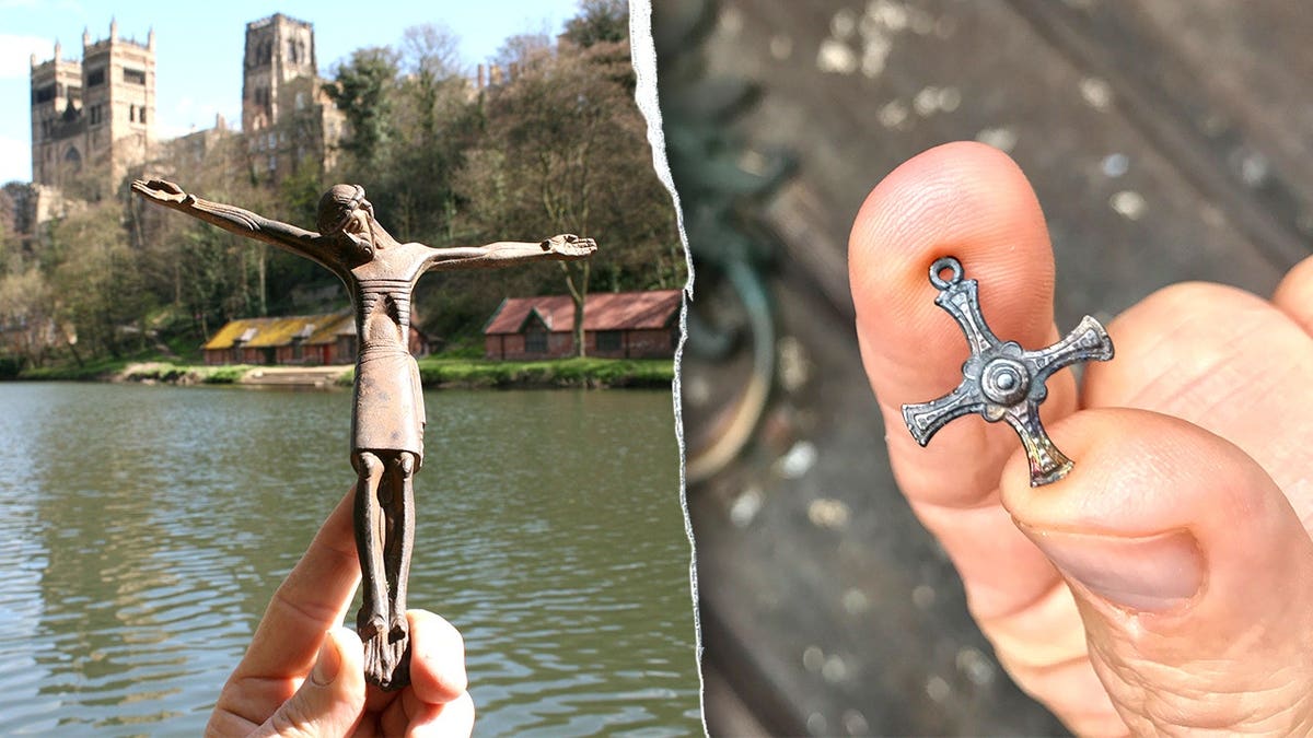 Split image of crucifix next to river, small bronze Christian cross
