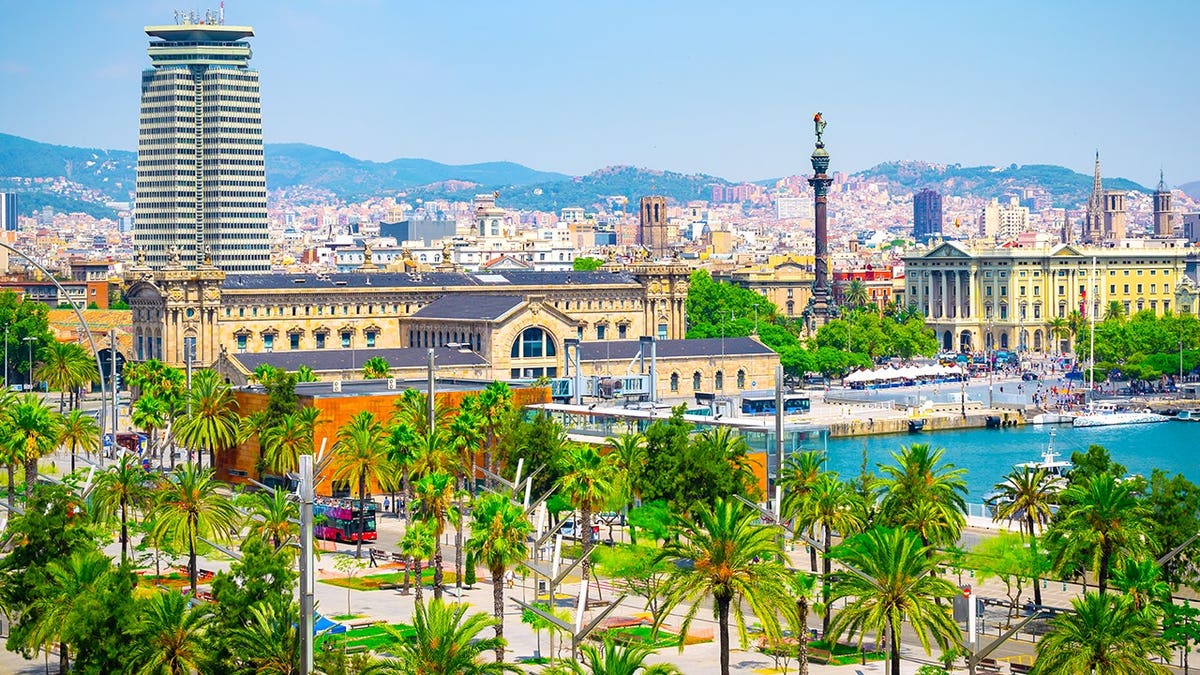 Barcelona port with mountains, buildings visible