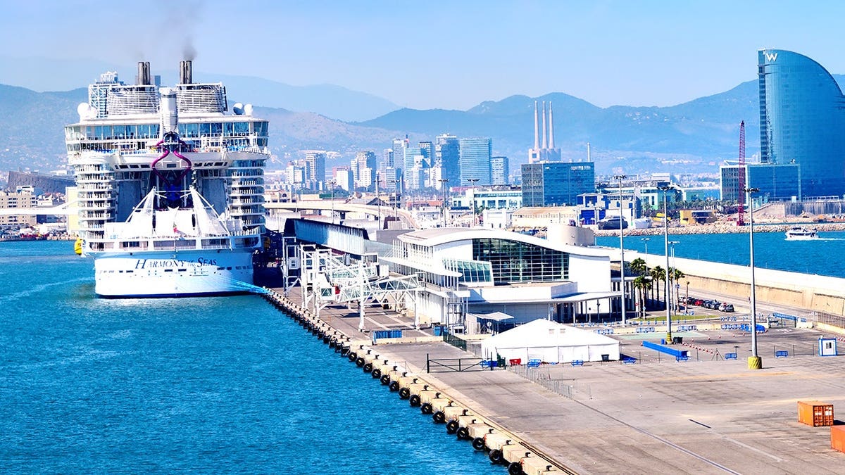 View of cruise ship docked in Barcelona port