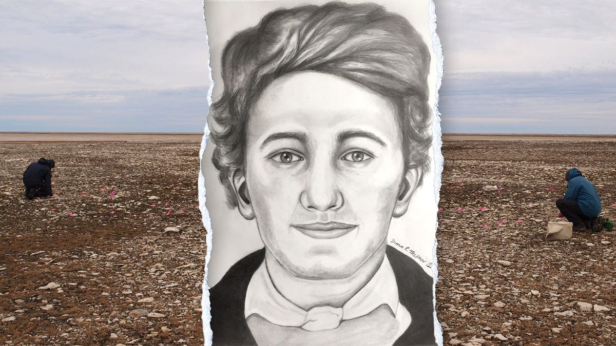 Split image of researchers working at Arctic site, sketch of deceased sailor