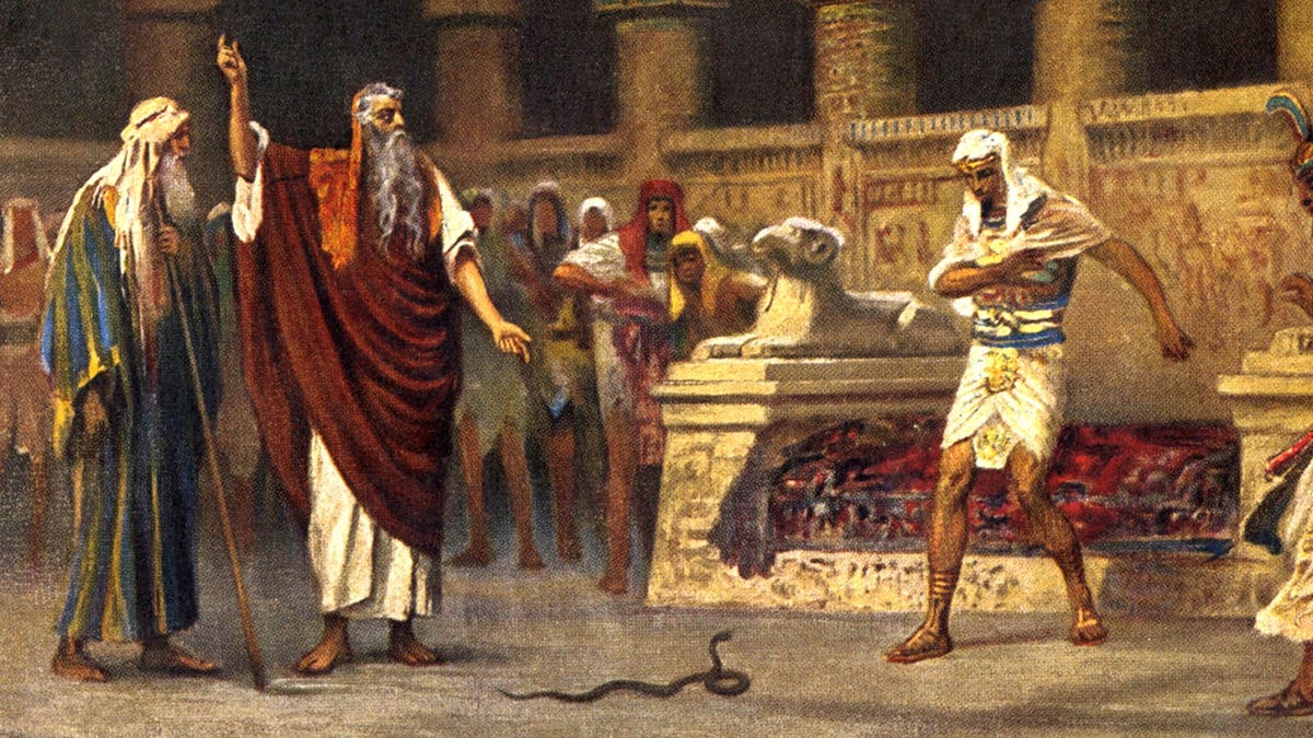 Painting of Moses and Pharaoh scene in Book of Exodus