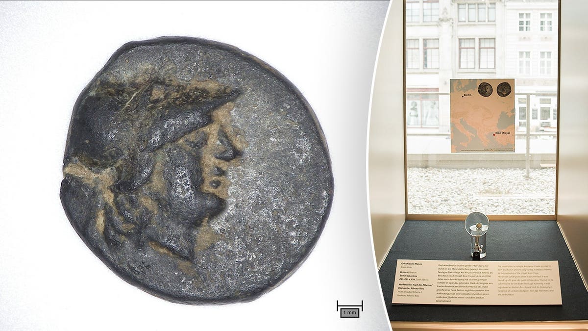 Split image of coin face next to museum exhibit