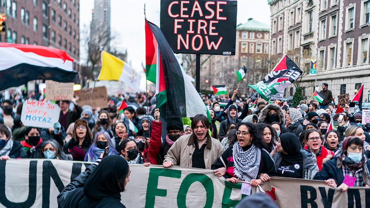 Pro-Palestinian demonstrators protesting outside Columbia University in New York City