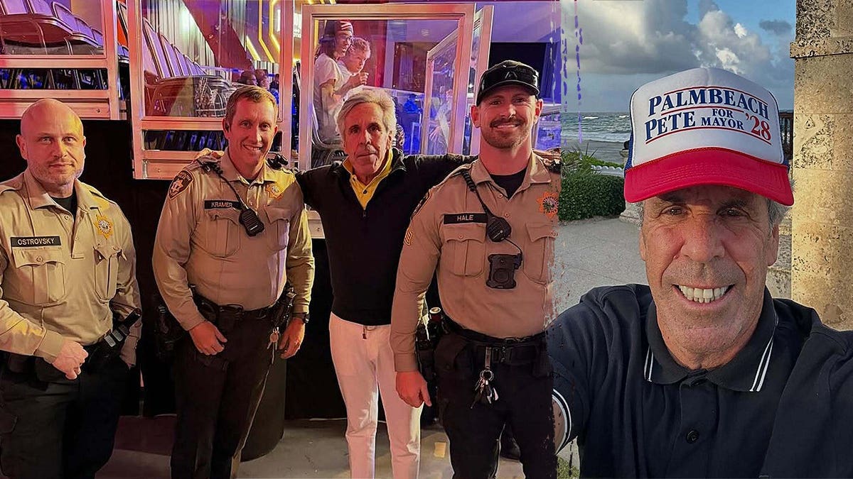 Composite image of Palm Beach Pete with deputies and wearing campaign hat.
