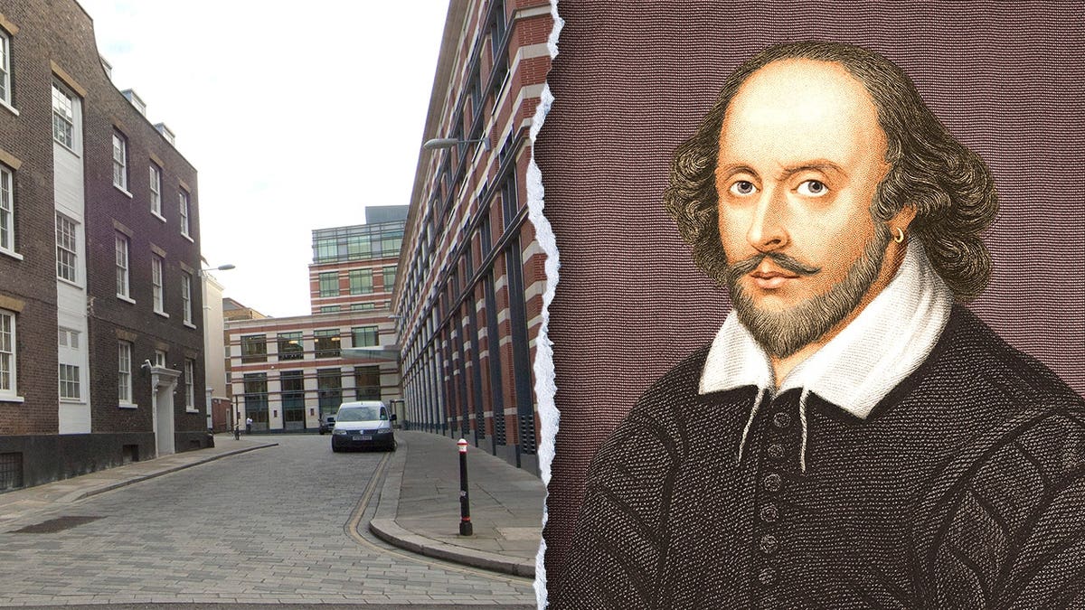 Split image of Blackfriars street, Shakespeare portrait