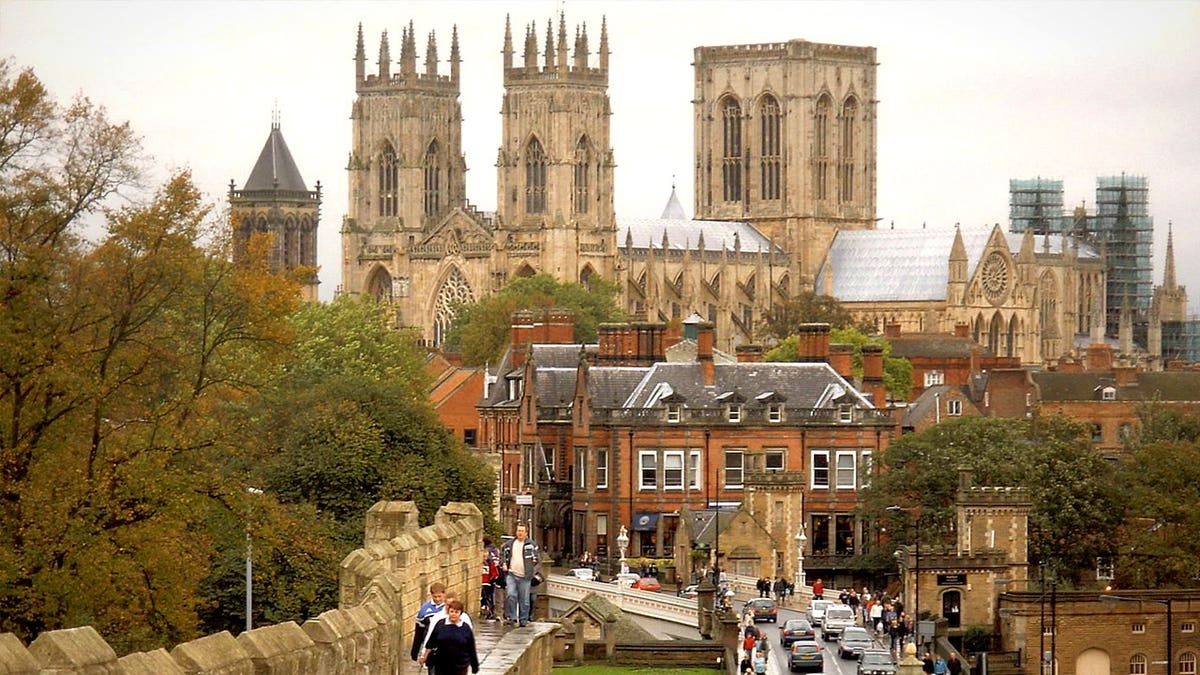 View of tourists outside York city walls