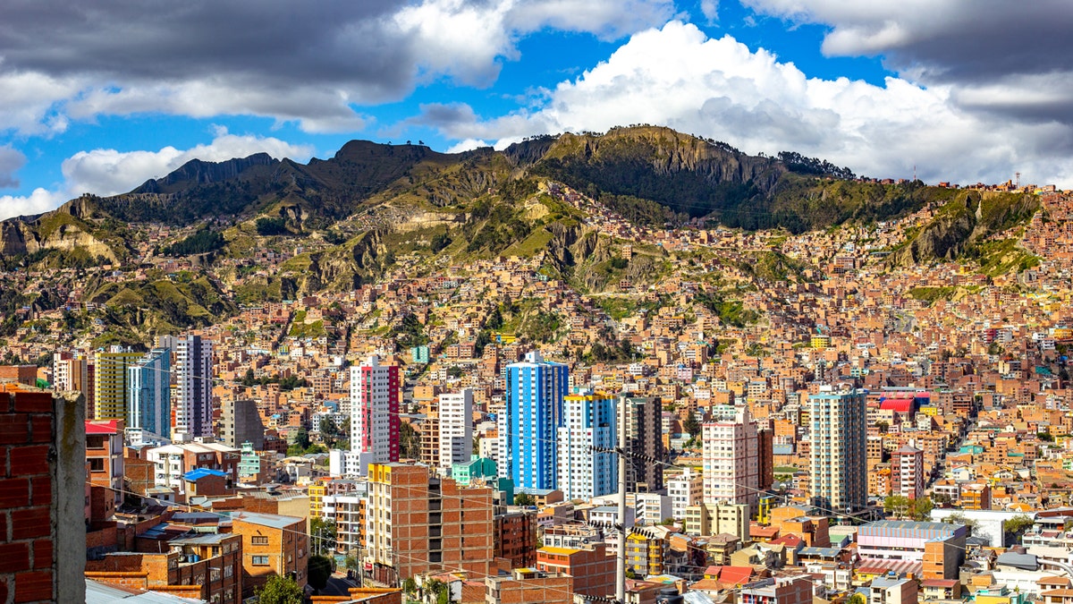 Aerial view of a city in Bolivia showing buildings and streets.