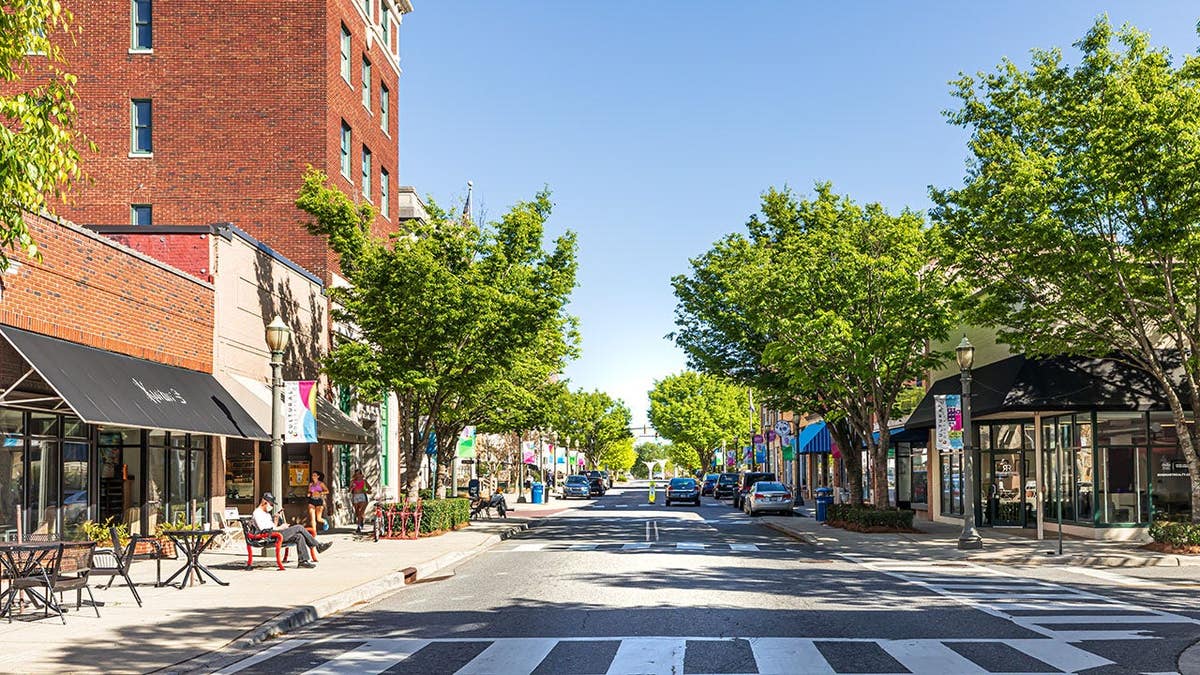 Wide-angle view of the Cultural District on Main Street in downtown Rock Hill, South Carolina