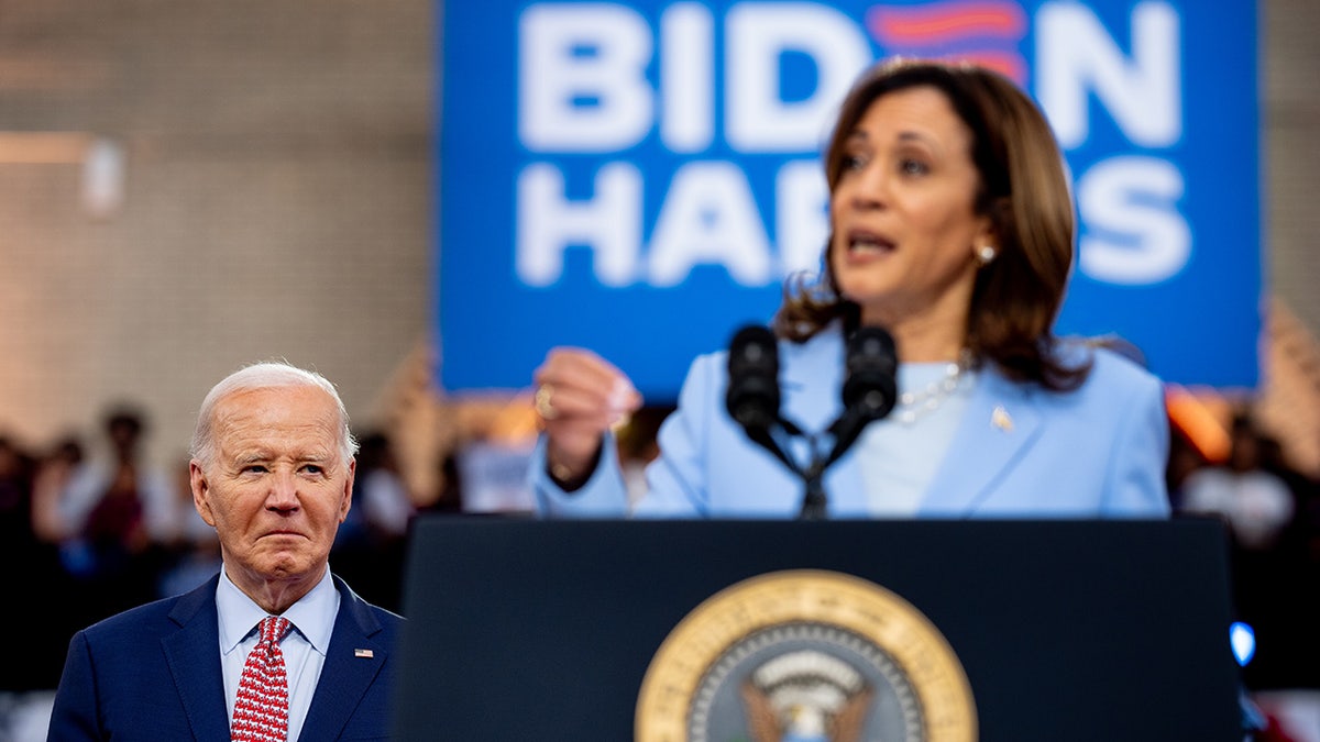 Vice President Kamala Harris introduces President Joe Biden at a campaign rally in Philadelphia