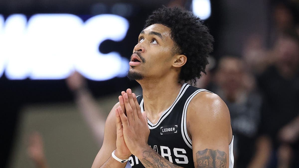 Dylan Harper of the San Antonio Spurs looking on during NBA game at Frost Bank Center