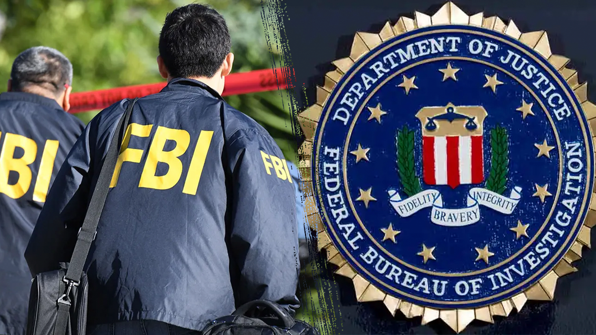 FBI Director Kash Patel speaking with FBI agents and Justice Department logo in background