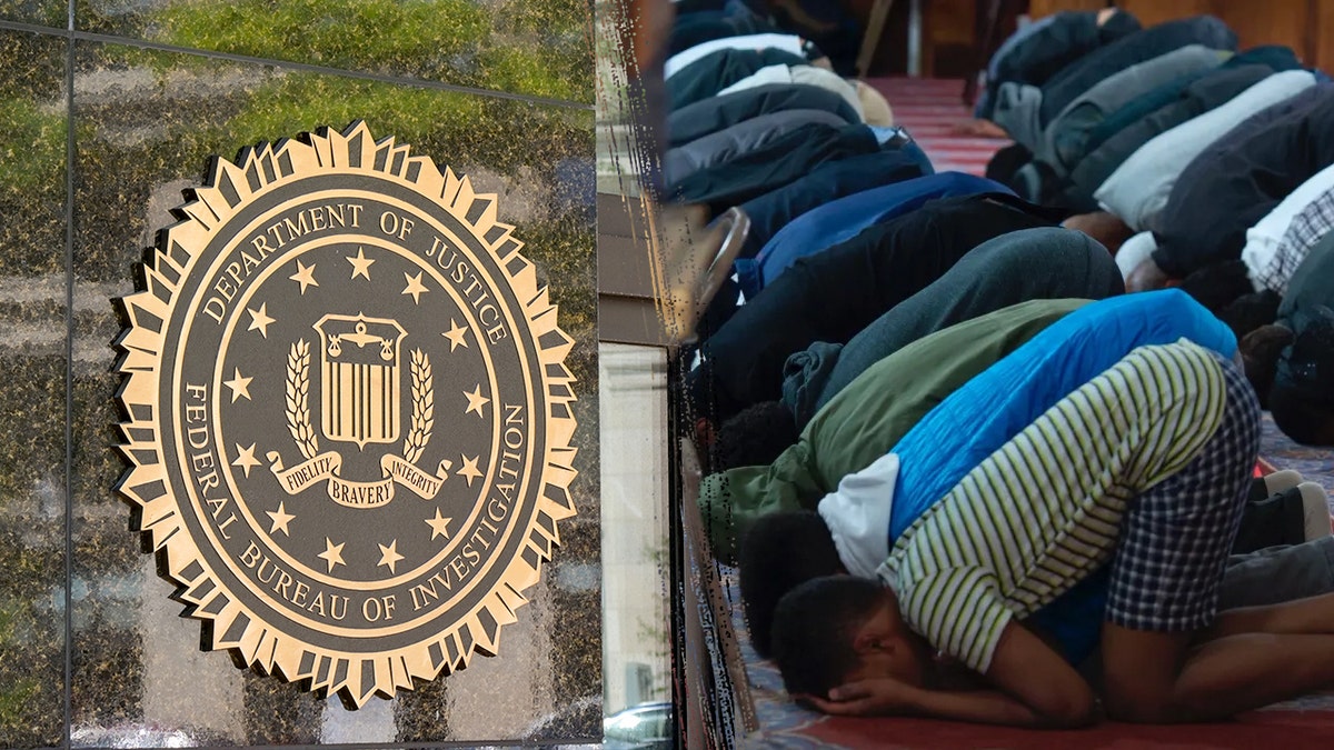 FBI headquarters building and Muslims praying at a CAIR event in Falls Church, Virginia