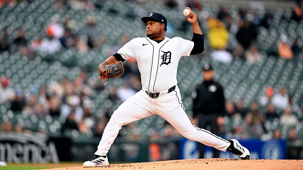 Detroit Tigers starting pitcher Framber Valdez throwing a pitch during a baseball game.