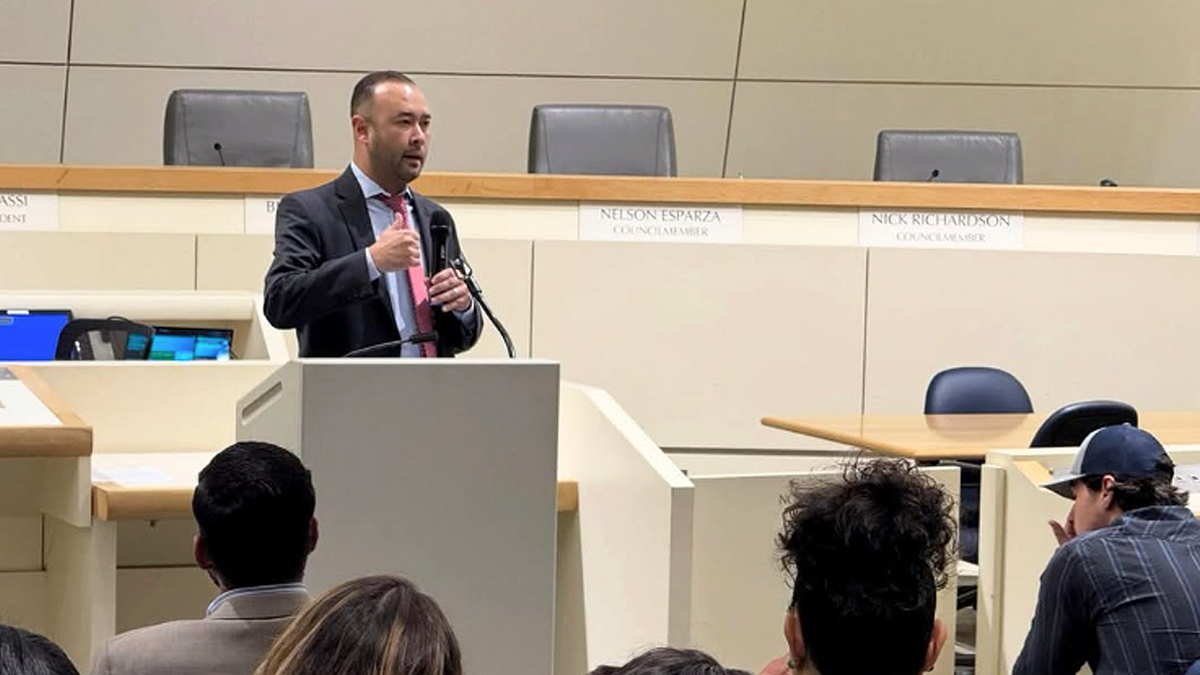 Fresno City Attorney Andrew Janz speaks during a public meeting in Fresno, California