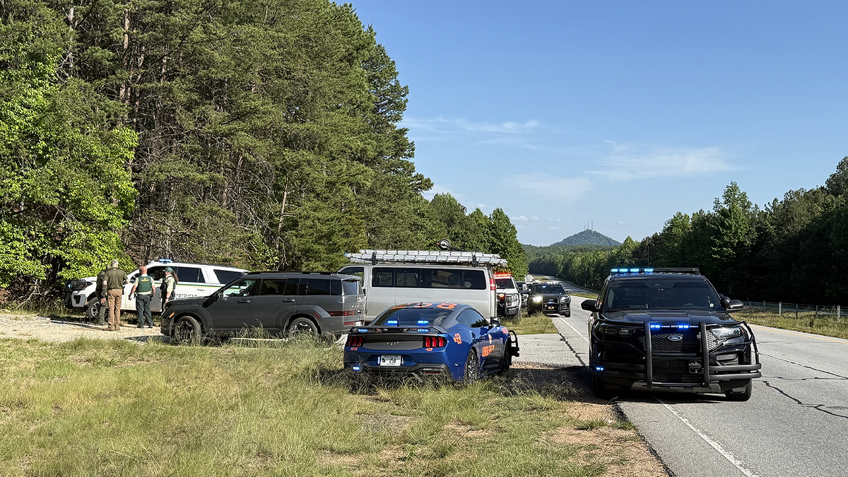 Multiple law enforcement agencies gather on a Georgia highway during Operation Southern Forest Trident.